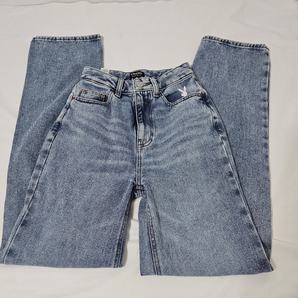 Playboy Women's High Waist Blue Jeans with Vintage Logo Size 24